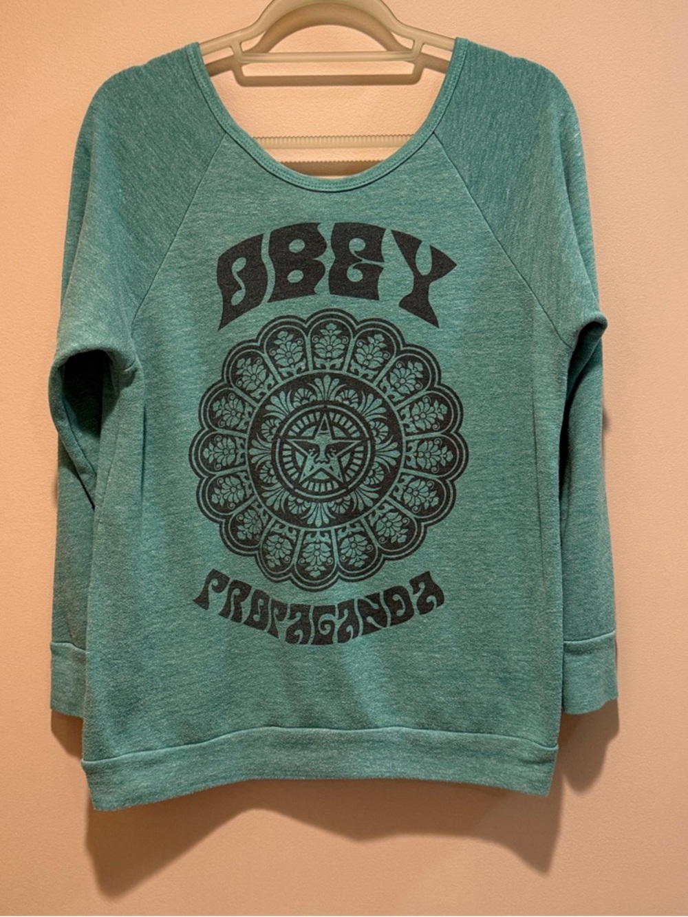 2010s Indie Sleeze Hipster Obey Teal/Green Graphic Off The Shoulder Sweatshirt